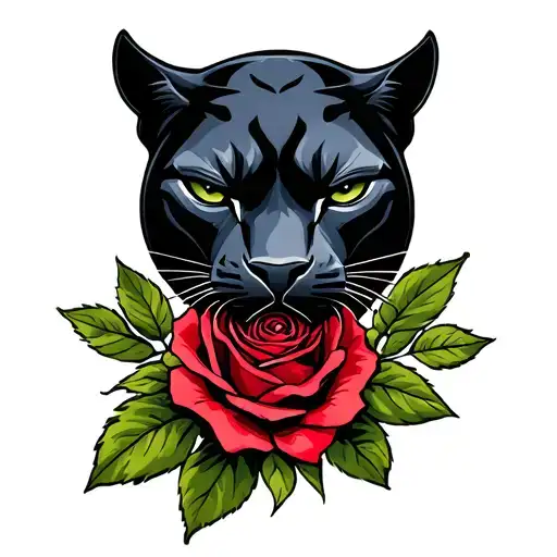 black panther head with American traditional rose below the neckline tattoo design idea
