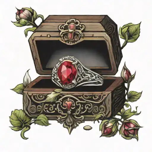 ruby ring in front of open wooden jewellery box tattoo design idea