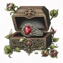 ruby ring in front of open wooden jewellery box tattoo design idea