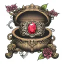 ruby ring in front of open wooden jewellery box tattoo design idea