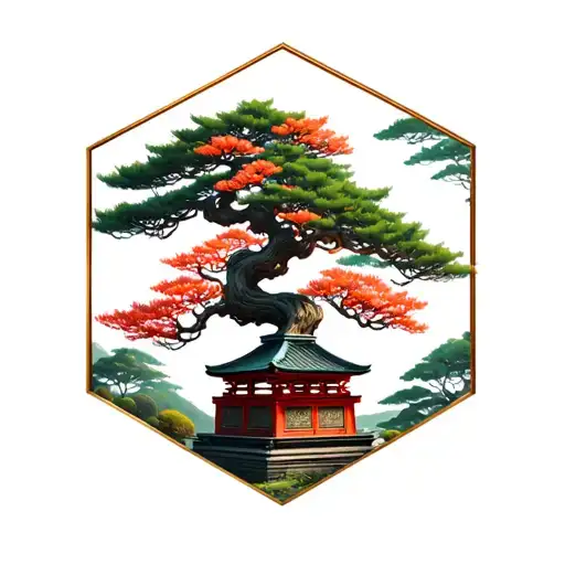 Japanese shrine with bonsai tree inside a hexagon tattoo design idea