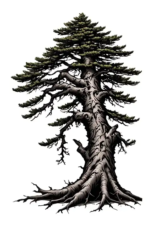 pine tree with roots tattoo design idea