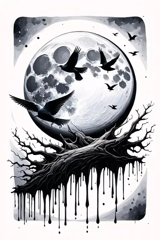 Full moony dripping with ink and birds flying tattoo design idea