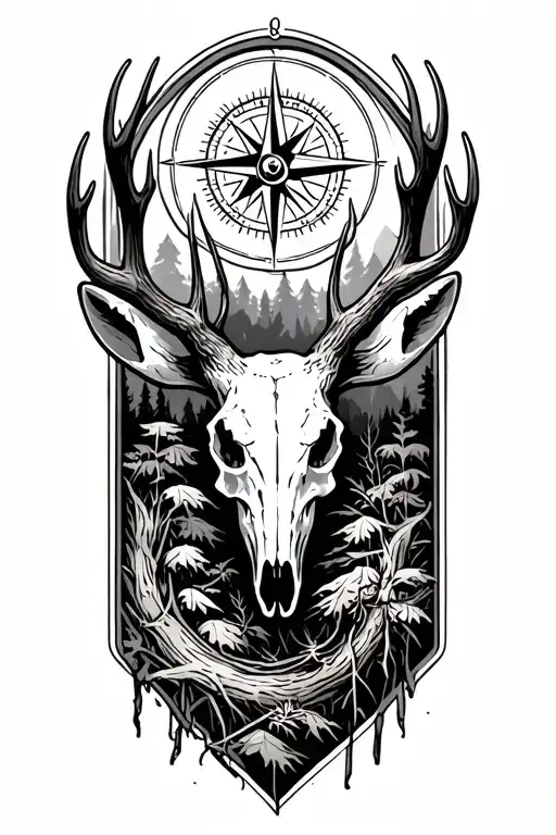 hunting, compass, forest, elk skull tattoo design idea