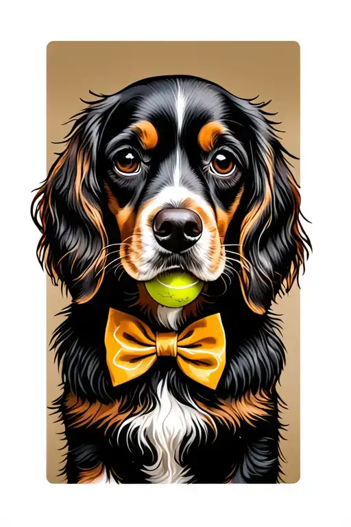 cocker spaniel with tennis ball wearing a bow tie tattoo design idea