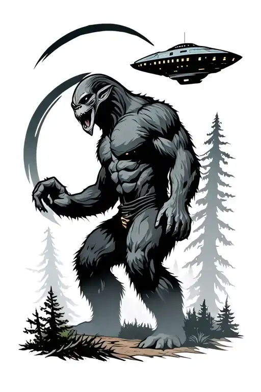 black and gray big foot in woods with an alien spaceship trying to pick him up tattoo design idea