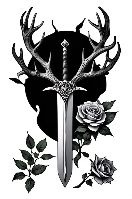 sword with deer antlers and small rose tattoo design idea
