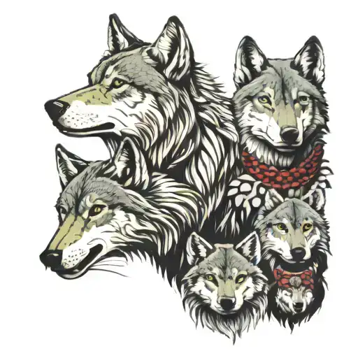 wolf wearing a colar  whith her three cubs tattoo design idea