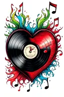 A tattoo design featuring a heart-shaped vinyl record with music notes flowing out of it, symbolizing your love for music and your passion for hip hop dancing tattoo design idea