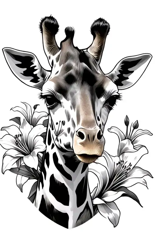Giraffe head with lillies tattoo design idea