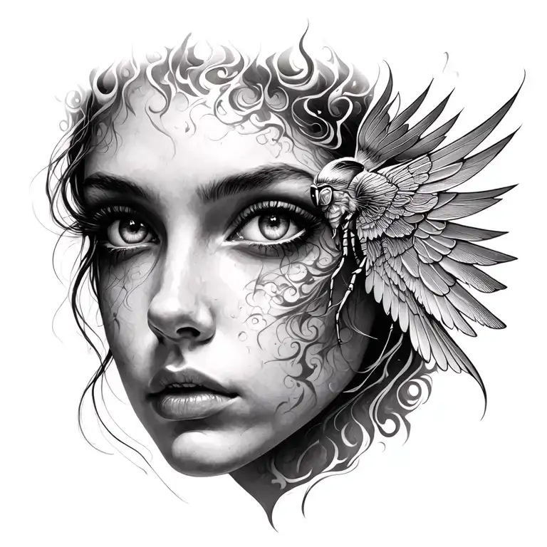 those eyes like fire, I'm a winged insect, you're a funeral pyre ad female face tattoo design idea