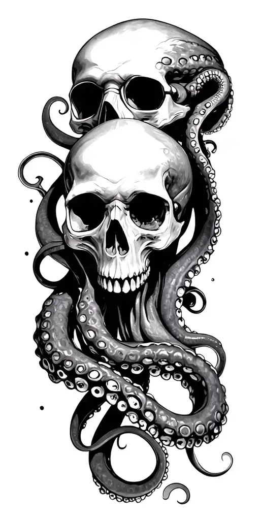 Octopus wrapped around a skull with scuba diver exploring the depths tattoo design idea