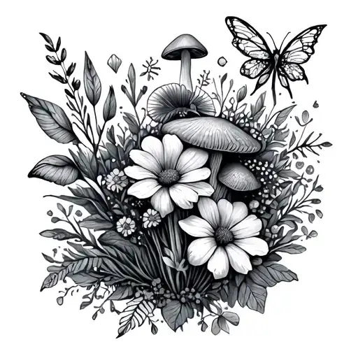 forearm tattoo with flowers, plants, mushrooms and other foliage, garden inspired. include little fairies tattoo design idea