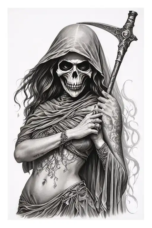 grim Reaper sexy faceless woman with Scythe  tattoo design idea