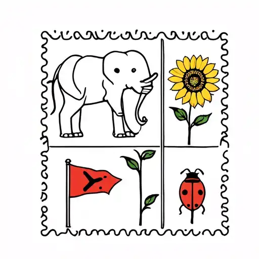 Design a simple fine line tattoo that looks like a stamp that includes an elephant, sunflower, golf flag, and ladybug  tattoo design idea