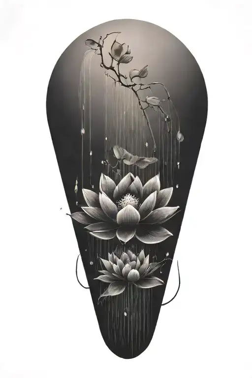 Black lotus flower, geometric, falling, heavy black clouds, curvature, floating on water,  rain tattoo design idea