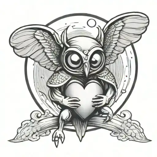 Mothman holding a heart sat on a moon tattoo design idea