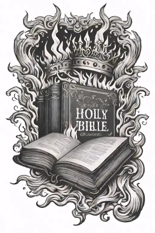 Holy Bible on fire with the words "Holy Bible" scratched out and replaced with "Teen Idle" with a prom queen crown ontop tattoo design idea