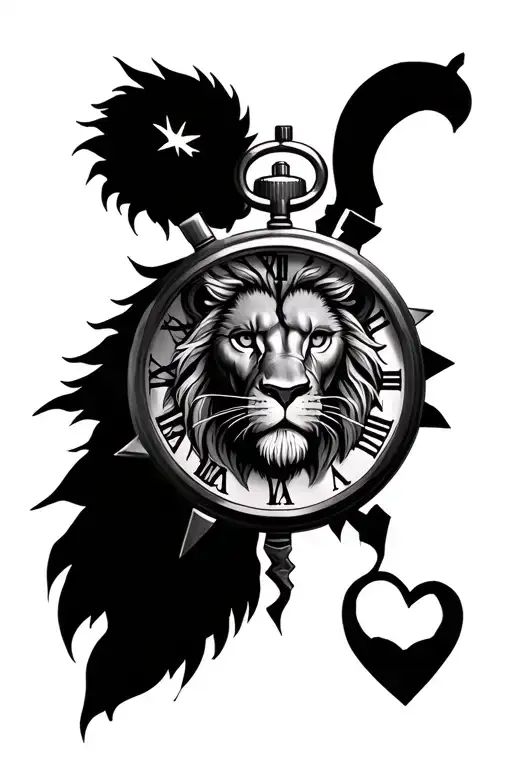 05.03.24- 26.10.89 Forever uncle Jack broken stop watch with a heart of a lion lion face for forearm sleeve tattoo design idea