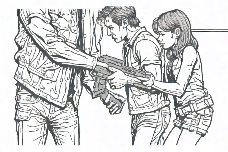 couple man and woman hugging standing pointing gun. a little girl hugging the man's leg love tattoo tattoo design idea