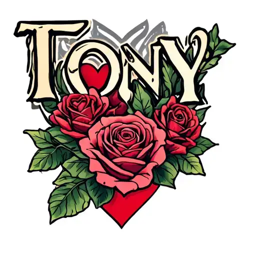 name TONY with hearts and roses surrounding tattoo design idea