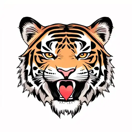 Old school Tiger face with heart in the mouth + «&nbsp;孤军奋战&nbsp;» tattoo design idea