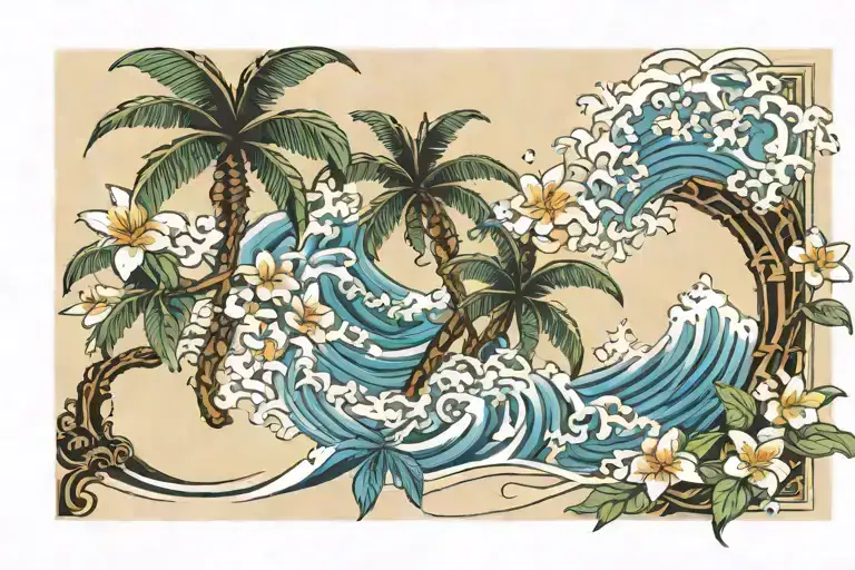 Outdoor furniture sewing hawaiian ocean wave palm tree plumeria tattoo design idea