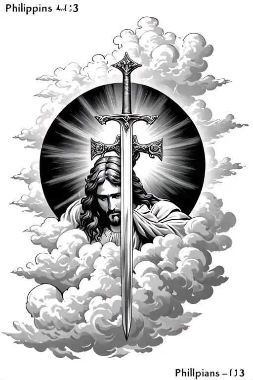 Philippians 4:13 with clouds, Jesus, sword tattoo design idea