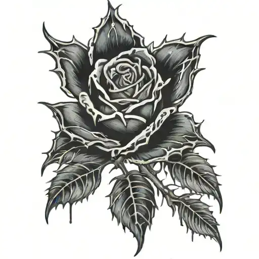 black thorny stem, black Rose with a realistic eye in the middle, dripping blood off its thorns tattoo design idea