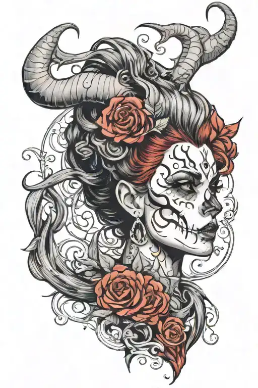 tattoo design of Lilith, the demon queen, featuring her wispy hair that transitions into horns, incorporate a skull tattoo design idea