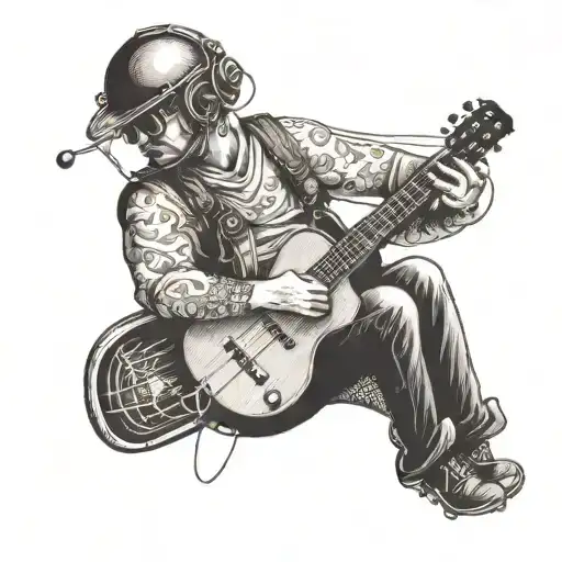 A musician playing guitar and harmonica on a paraglider high above the ocean tattoo design idea