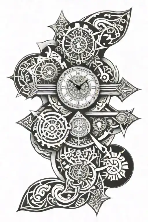 cross of lorraine, family, mandala, clock tattoo design idea