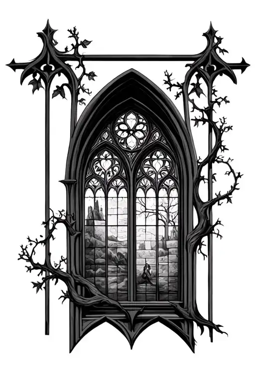 gothic cathedral window with family tree and vine tattoo design idea
