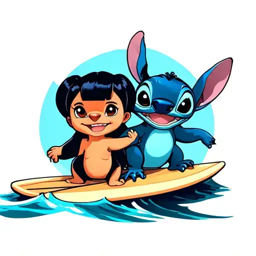 Lilo and stitch on a surfboard silhouette tattoo design idea