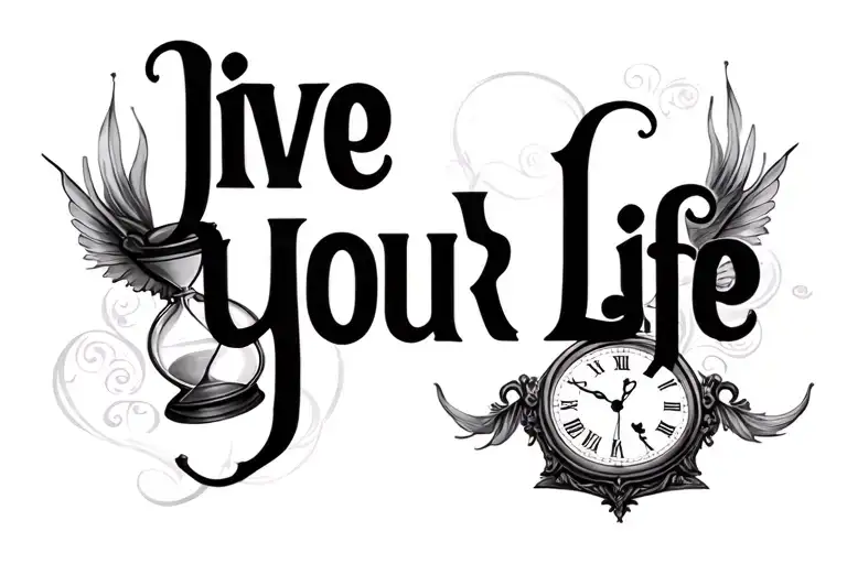 "Live Your Life" "Live Your Life" hourglass and pocket watch background creatures tattoo design idea