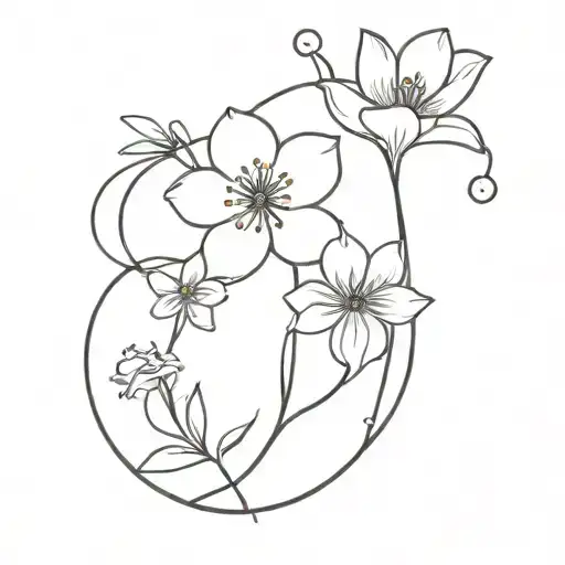 fine line bracelet tattoo with cosmo, poppy, aster, daffodil, and honey suckle flowers  tattoo design idea