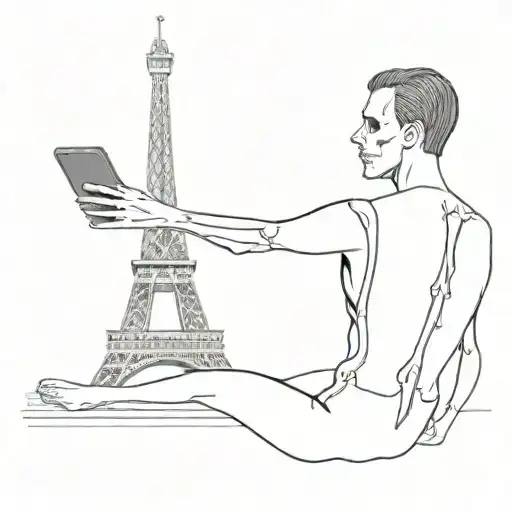 a skeleton man taking a selfie in front of the eiffel tower tattoo design idea