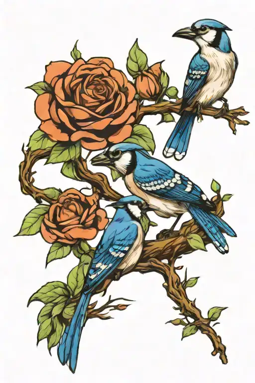 Jasmine flowers, rose flowers intertwining, dad and son blue jay birds tattoo design idea