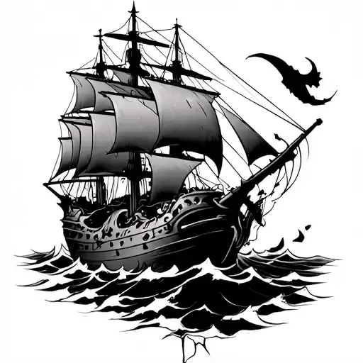 Tattoo design for the top of the hand: a detailed pirate ship (caravel) crashing through a broken Oni mask. Dark, dramat tattoo design idea