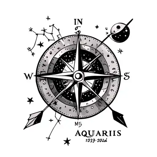 "1939-2025" Tattoo at the bottom of the back in tribute to my dad with the constellation of Aquarius a compass the moon and an arrow tattoo design idea