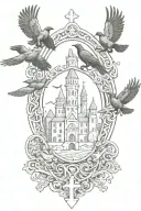 Rooker Family Crest with castle  rookery with  6 Crows on a celtic cross tattoo design idea