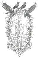 Rooker Family Crest with castle  rookery with  6 Crows on a celtic cross tattoo design idea