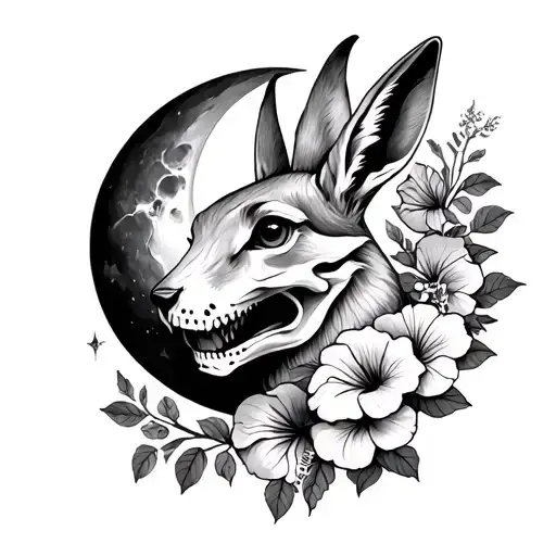 hare wearing a fox skull surrounded by a cresent moon with hibiscus tattoo design idea