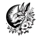 hare wearing a fox skull surrounded by a cresent moon with hibiscus tattoo design idea