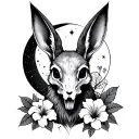 hare wearing a fox skull surrounded by a cresent moon with hibiscus tattoo design idea