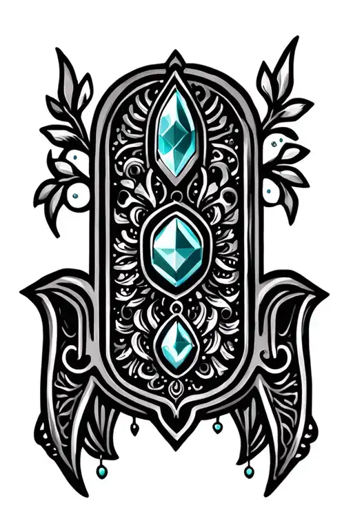 hamsa with hanging gem stone surrounded tattoo design idea