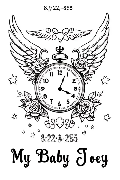 "My Baby Joey 8/22/86-2/5/25" clock roses wings stars footprints tattoo design idea