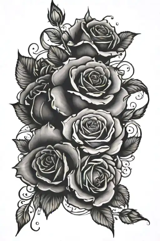 Create a tattoo with a rose, 2 sweet pea flowers, and a violet in a bouquet with a small ribbon tying the stems tattoo design idea