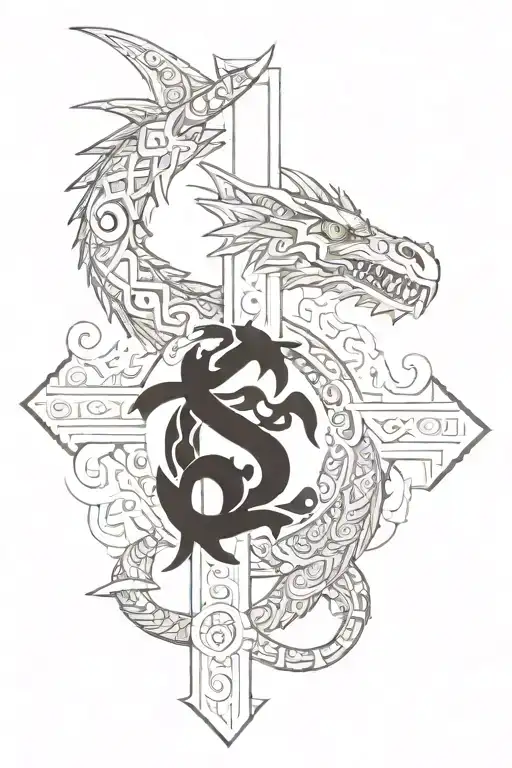 Aztec dragon wrapping around a cross  tattoo design idea