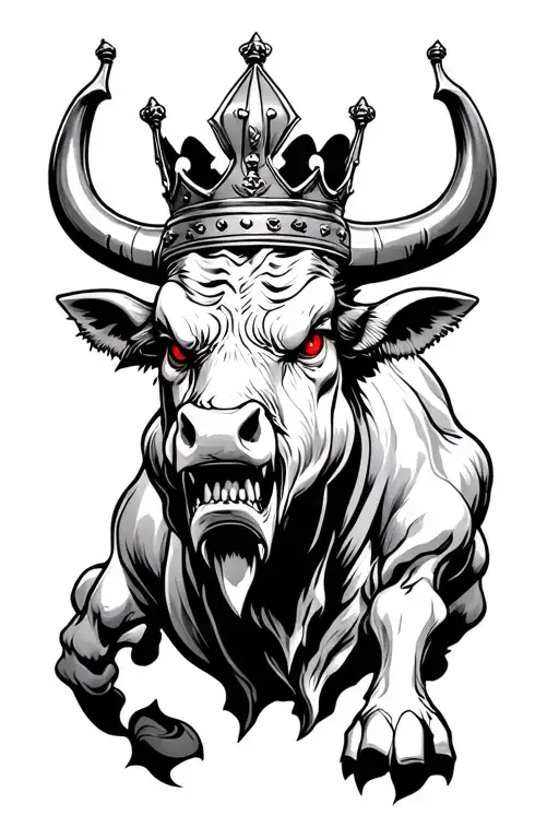 evil bull with scary red eyes showing teeth growling with a kings crown on his head tattoo design idea